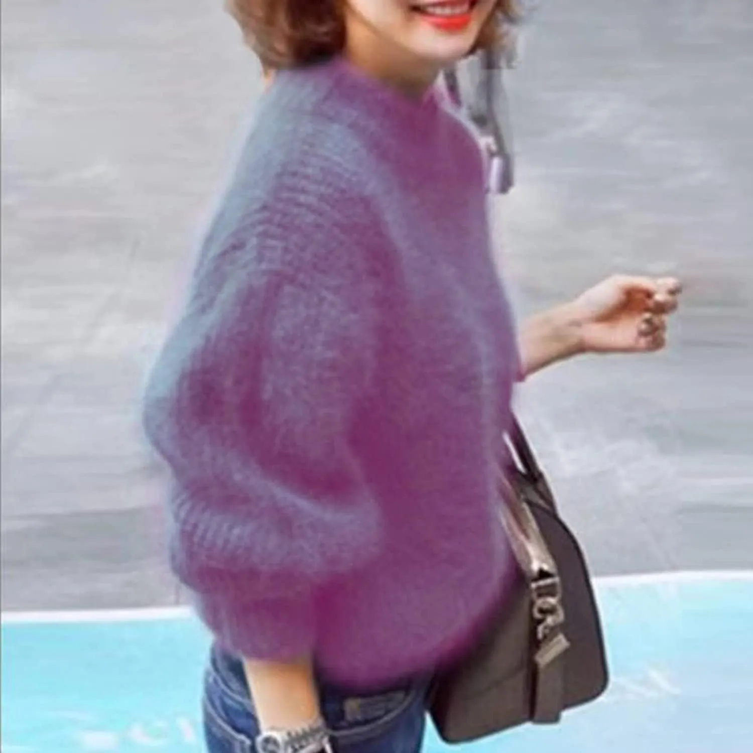 Angora Cashmere Blend Loose Warm Sweater Casual Thick Fleece Turtleneck Sweater Crewneck Knit Pullover Sweater
