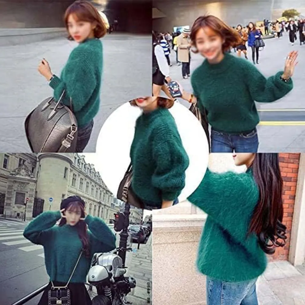 Angora Cashmere Blend Loose Warm Sweater Casual Thick Fleece Turtleneck Sweater Solid Color Crewneck Knit Pullover Sweater
