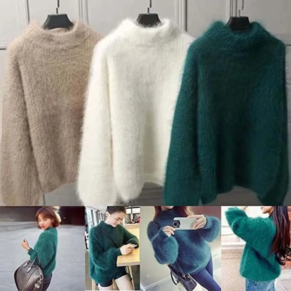 Angora Cashmere Blend Loose Warm Sweater Casual Thick Fleece Turtleneck Sweater Solid Color Crewneck Knit Pullover Sweater