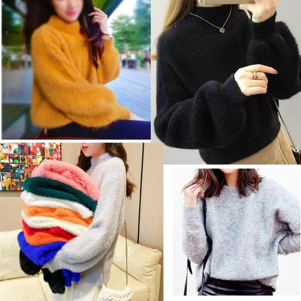 Angora Cashmere Blend Loose Warm Sweater Casual Thick Fleece Turtleneck Sweater Solid Color Crewneck Knit Pullover Sweater