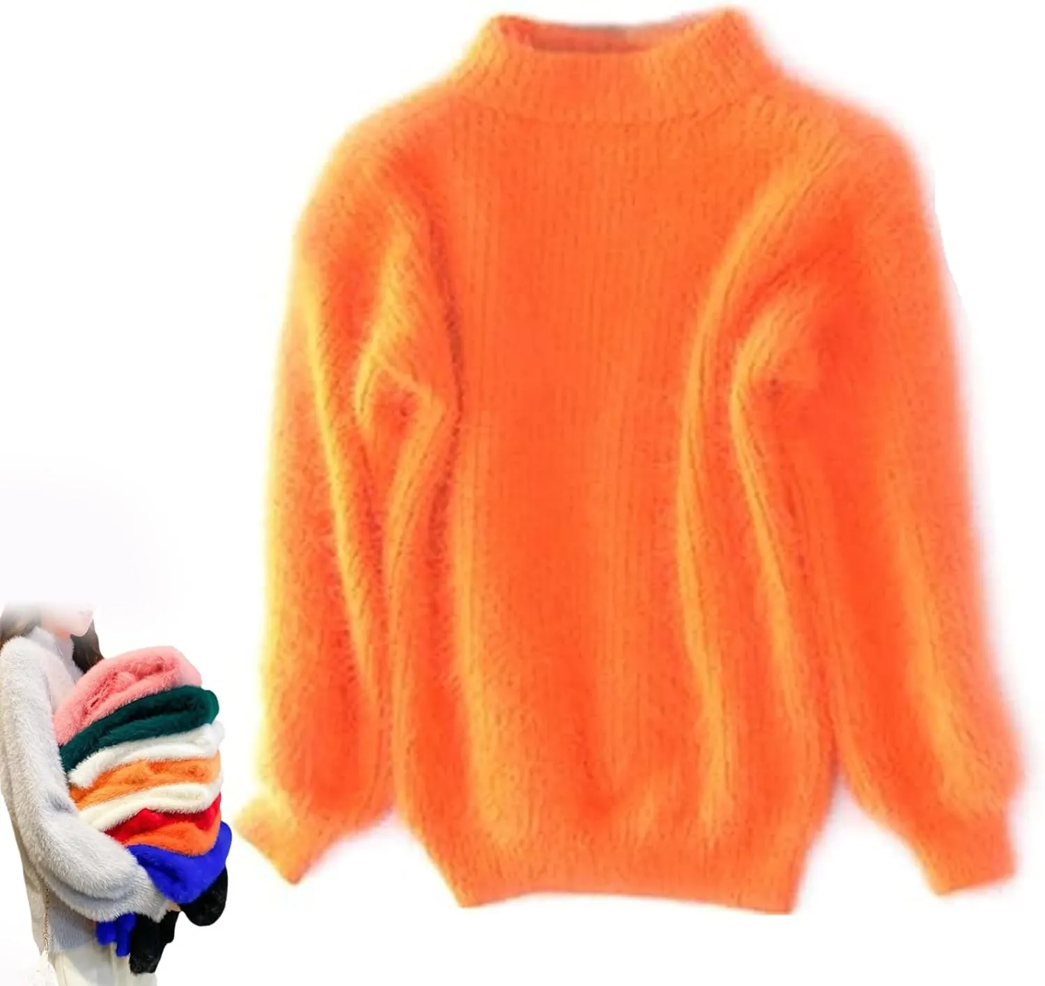 Angora Cashmere Blend Loose Warm Sweater Casual Thick Fleece Turtleneck Sweater Solid Color Crewneck Knit Pullover Sweater