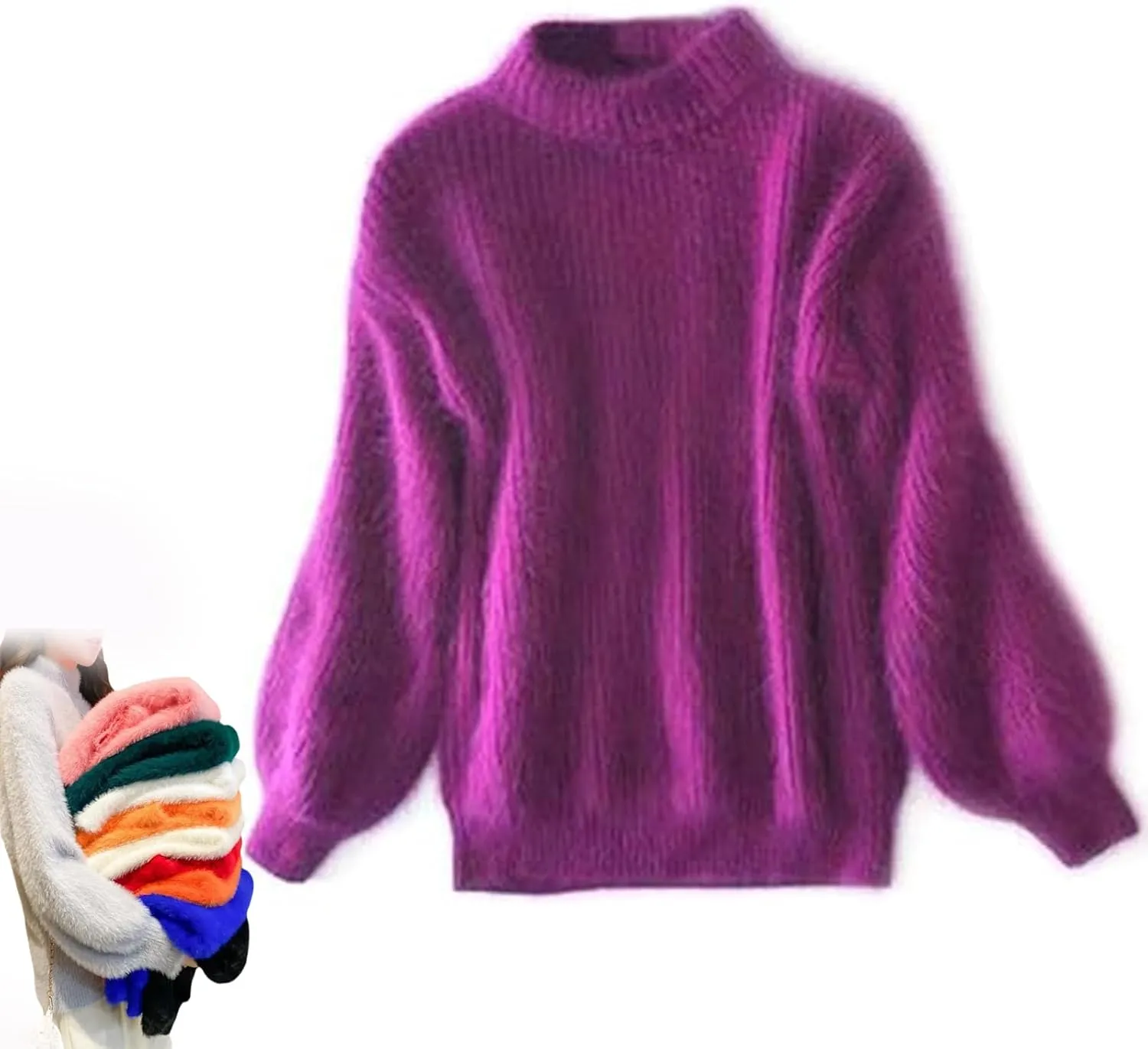 Angora Cashmere Blend Loose Warm Sweater Casual Thick Fleece Turtleneck Sweater Solid Color Crewneck Knit Pullover Sweater