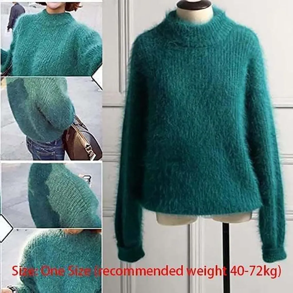 Angora Cashmere Blend Loose Warm Sweater Casual Thick Fleece Turtleneck Sweater Solid Color Crewneck Knit Pullover Sweater