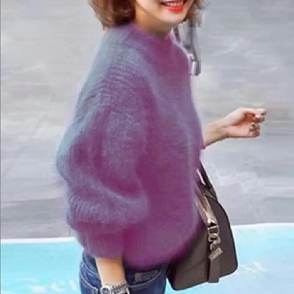 Angora Cashmere Blend Loose Warm Sweater Casual Thick Fleece Turtleneck Sweater Solid Color Crewneck Knit Pullover Sweater