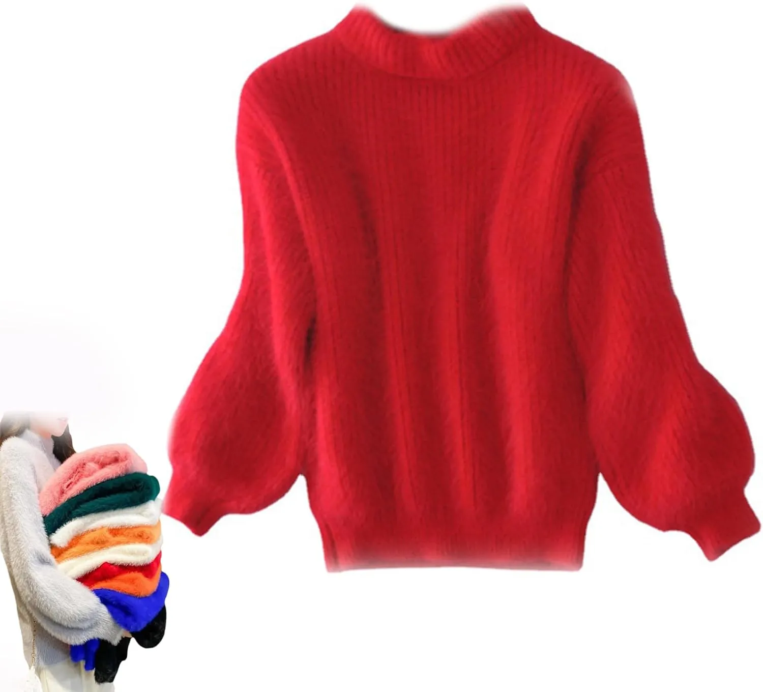 Angora Cashmere Blend Loose Warm Sweater Casual Thick Fleece Turtleneck Sweater Solid Color Crewneck Knit Pullover Sweater