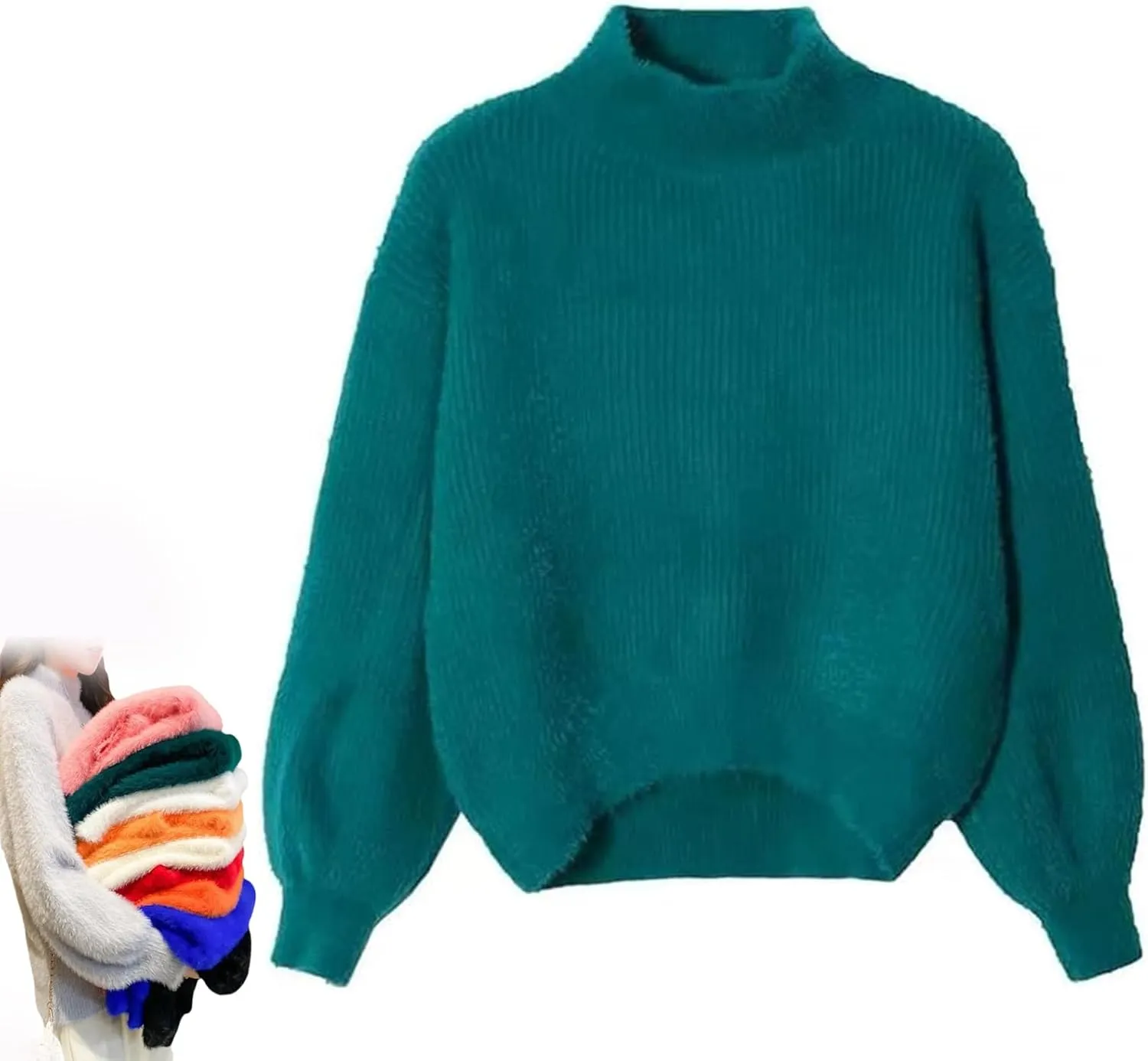 Angora Cashmere Blend Loose Warm Sweater Casual Thick Fleece Turtleneck Sweater Solid Color Crewneck Knit Pullover Sweater