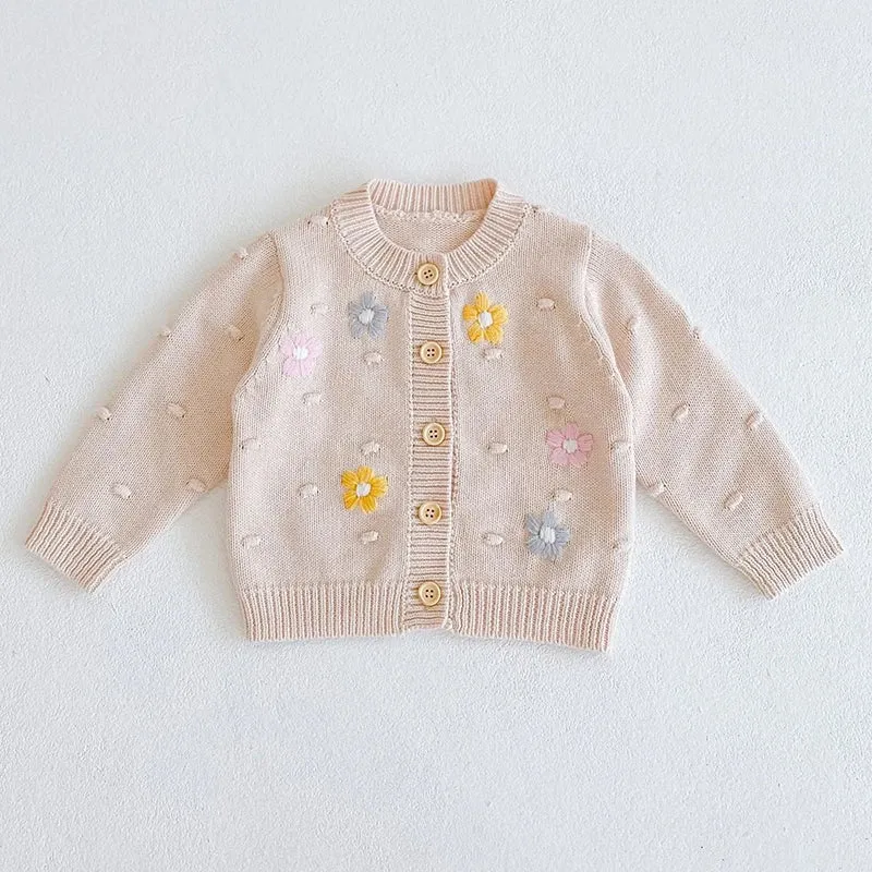 Baby Girls Long Sleeves Floral Embroidery Knitted Cardigans