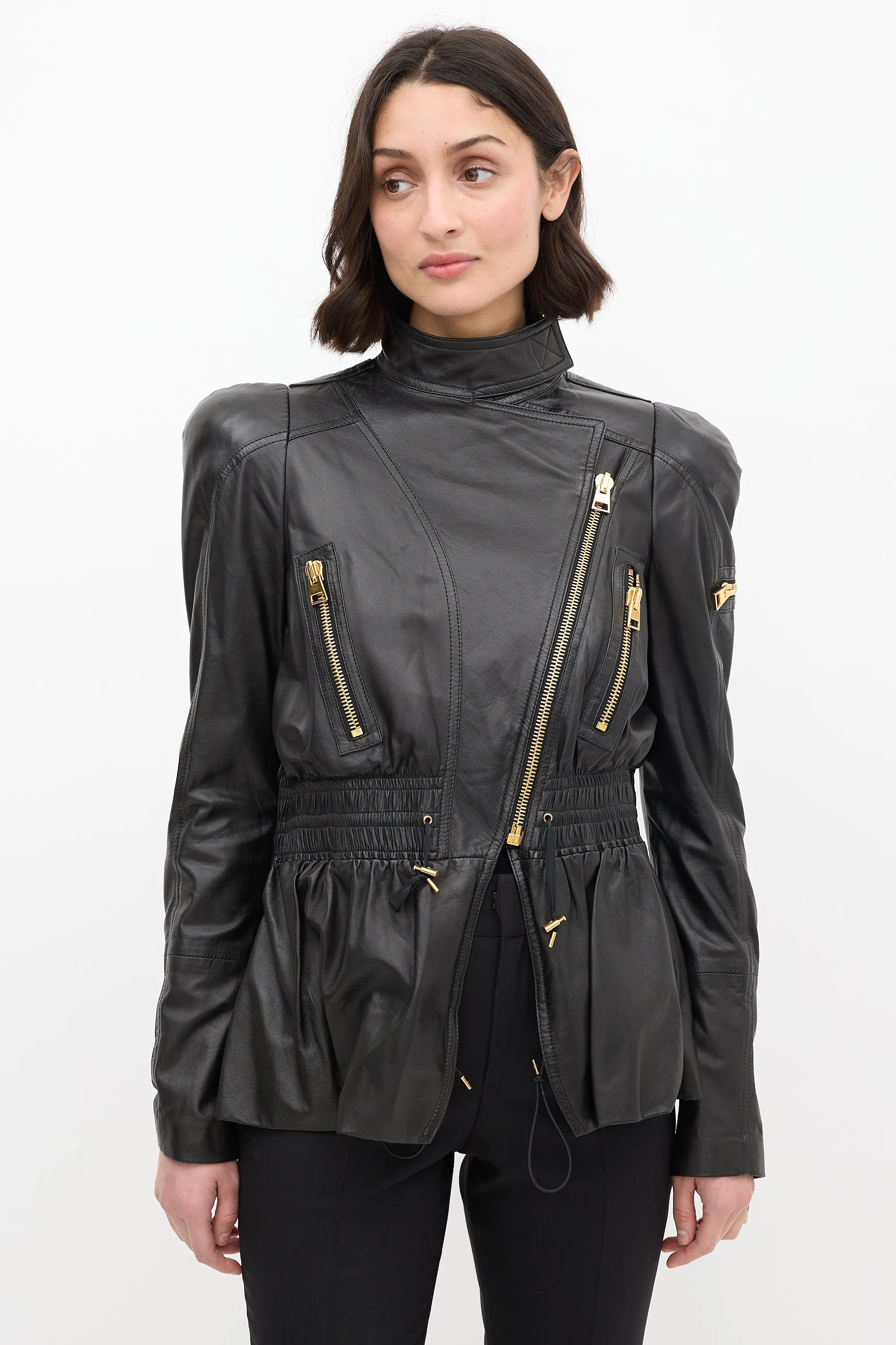 Black Leather Asymmetrical Cinched Jacket