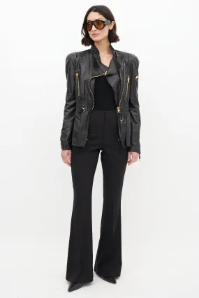 Black Leather Asymmetrical Cinched Jacket