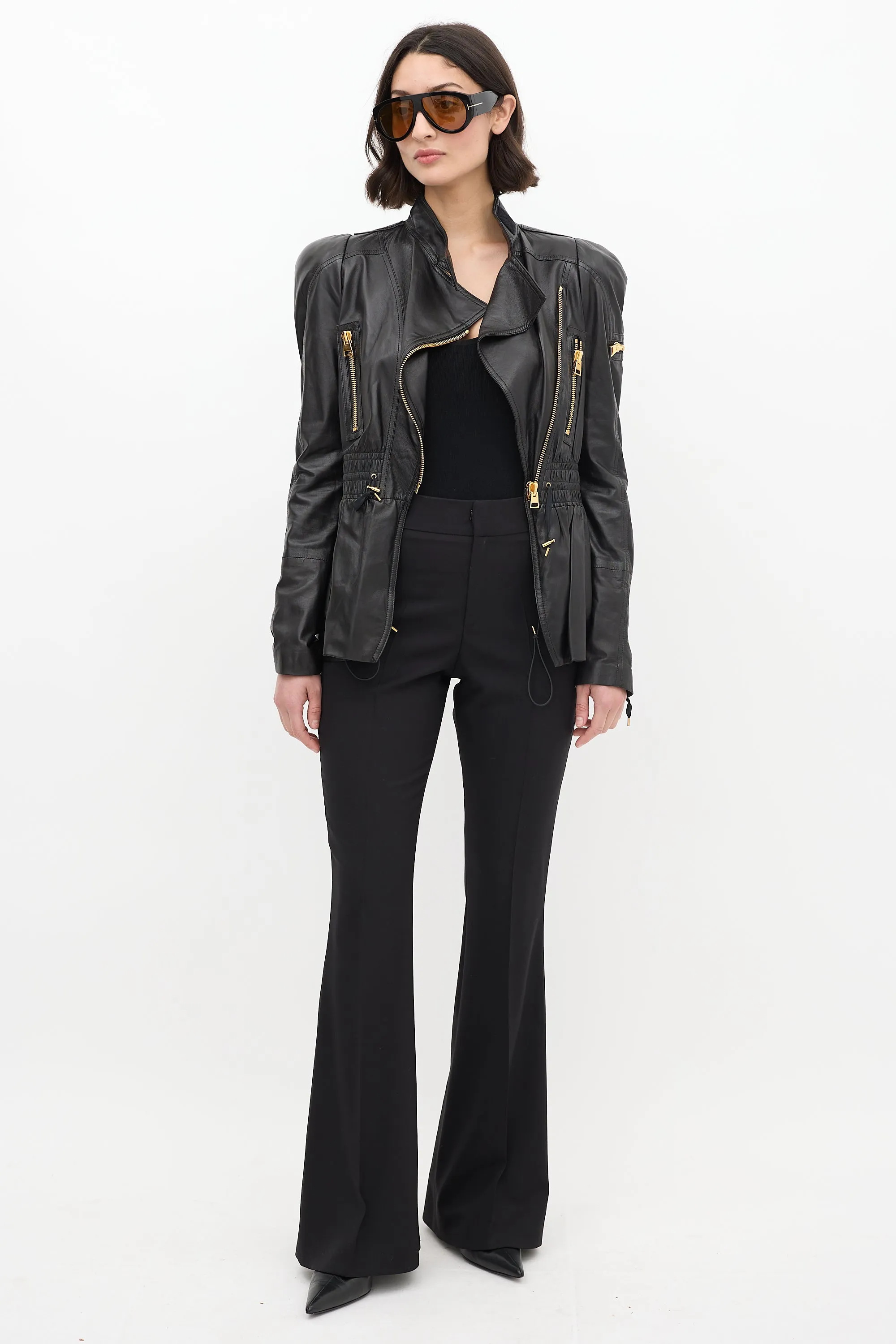 Black Leather Asymmetrical Cinched Jacket