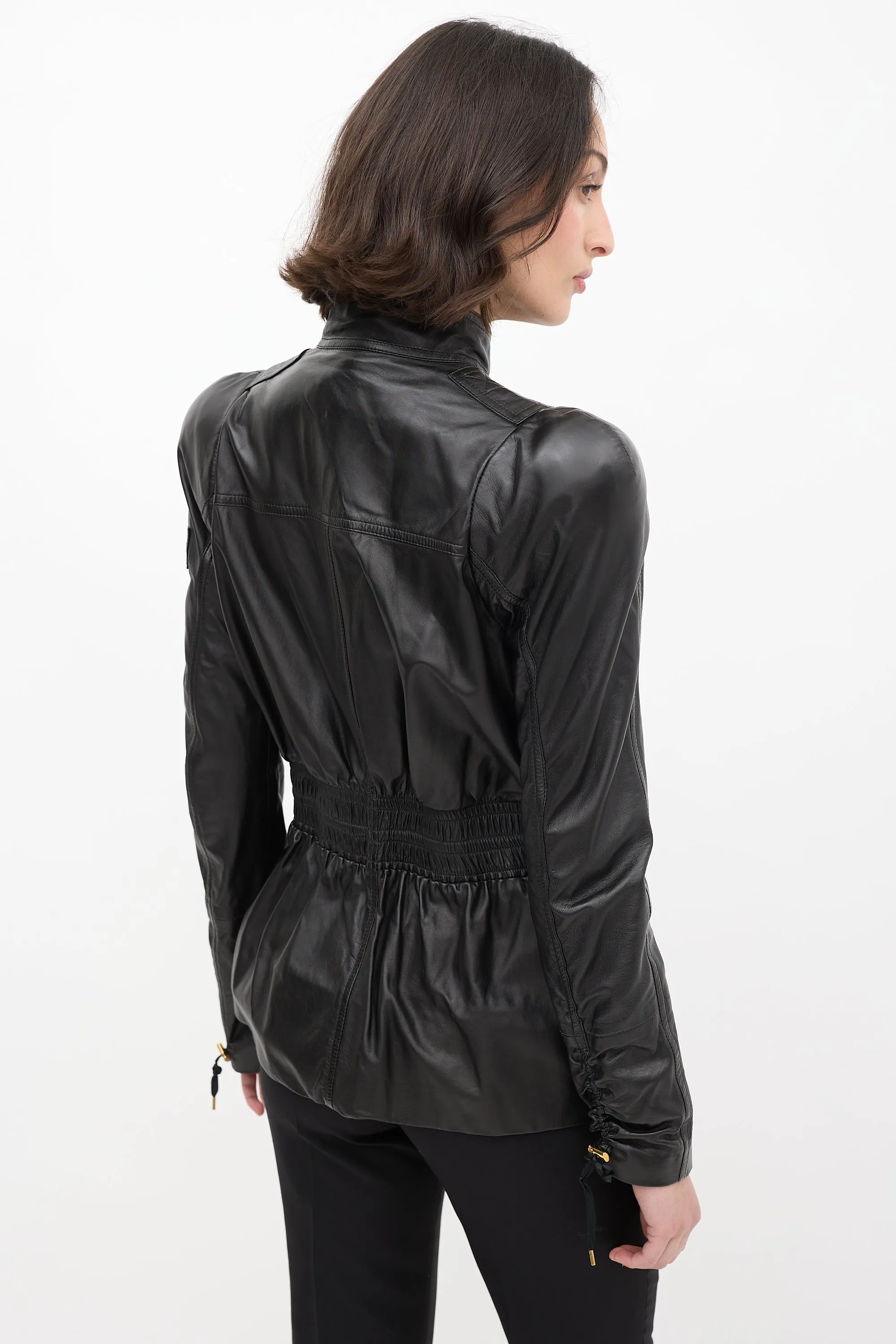 Black Leather Asymmetrical Cinched Jacket