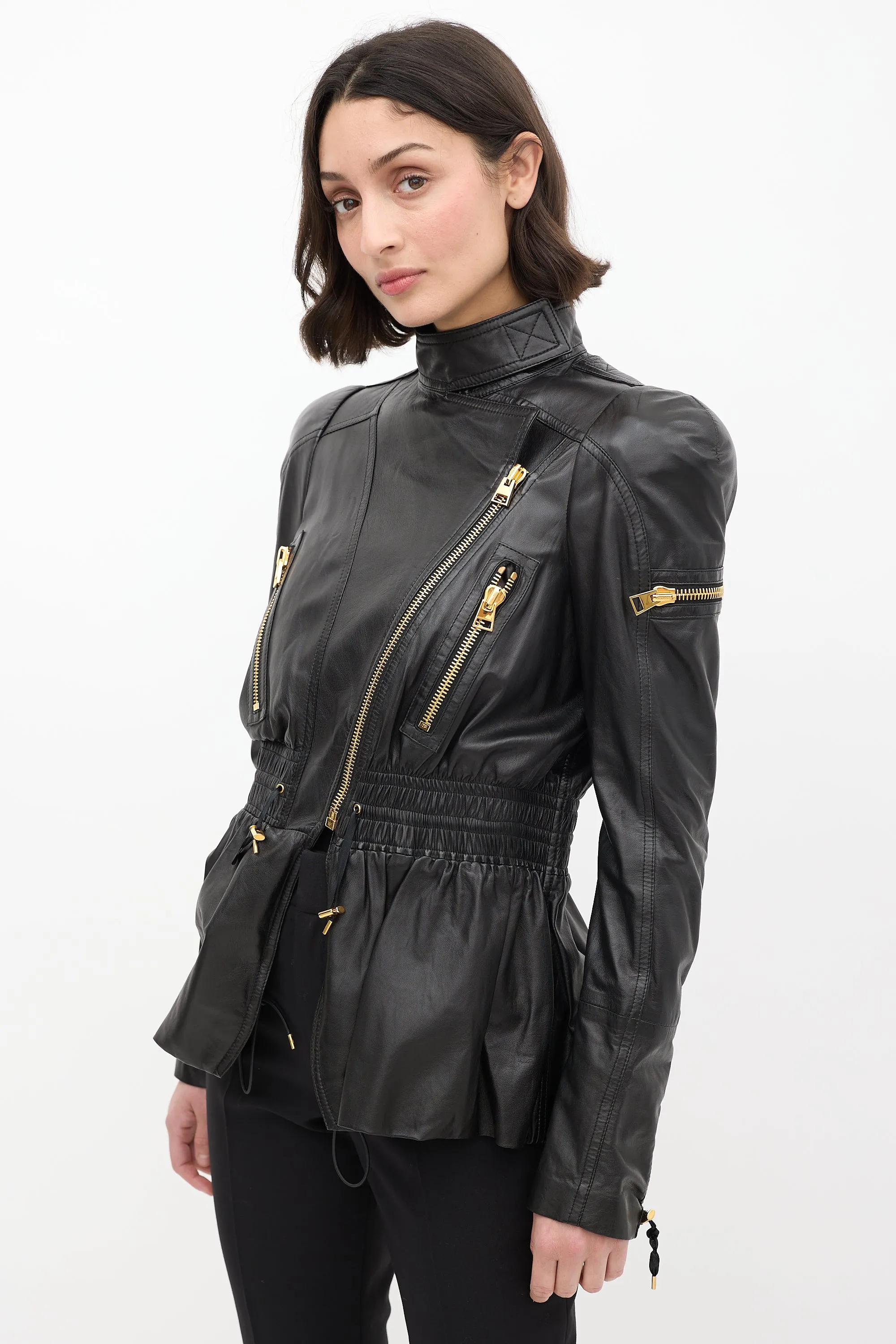 Black Leather Asymmetrical Cinched Jacket