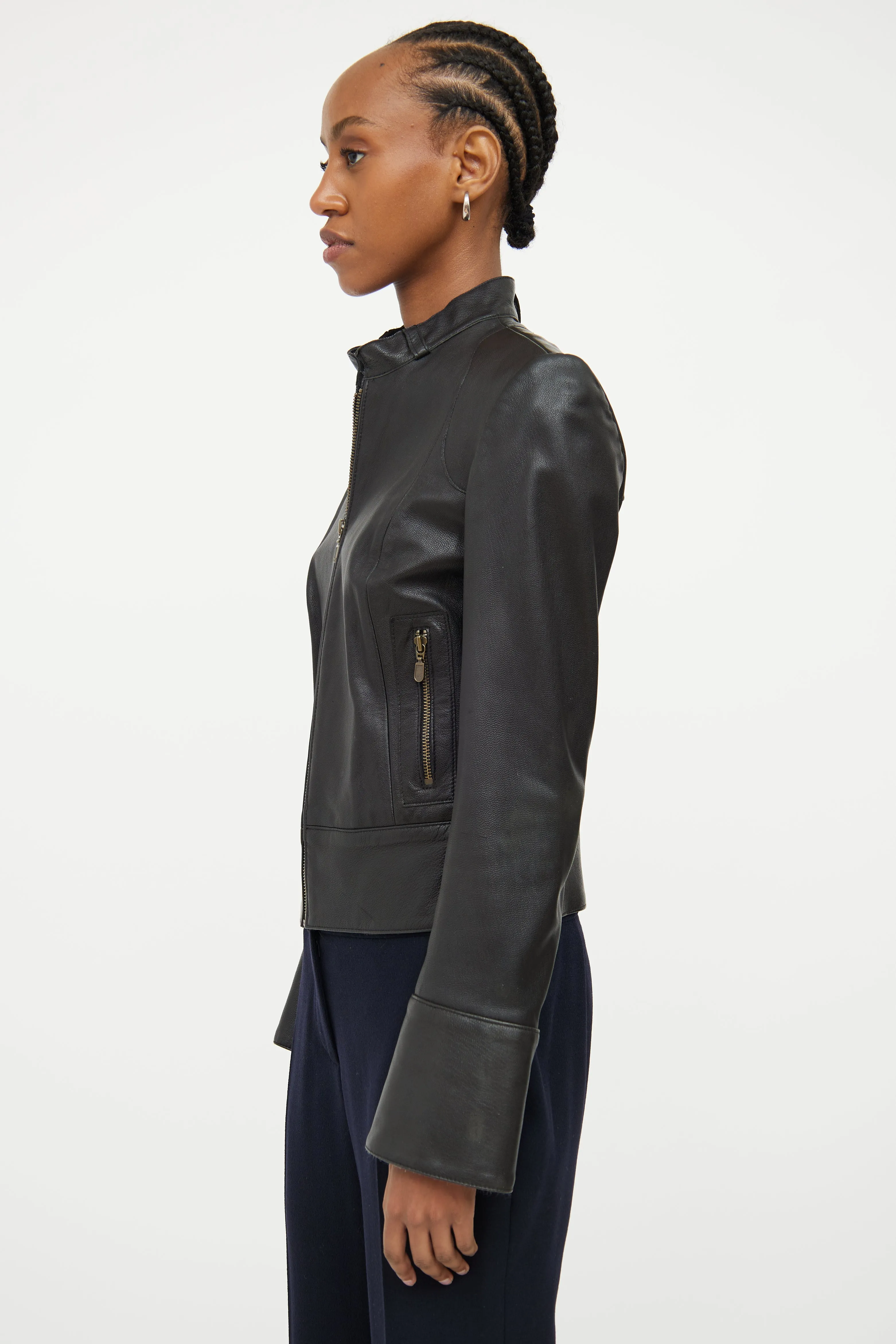 Black Leather Snap Cuff Jacket