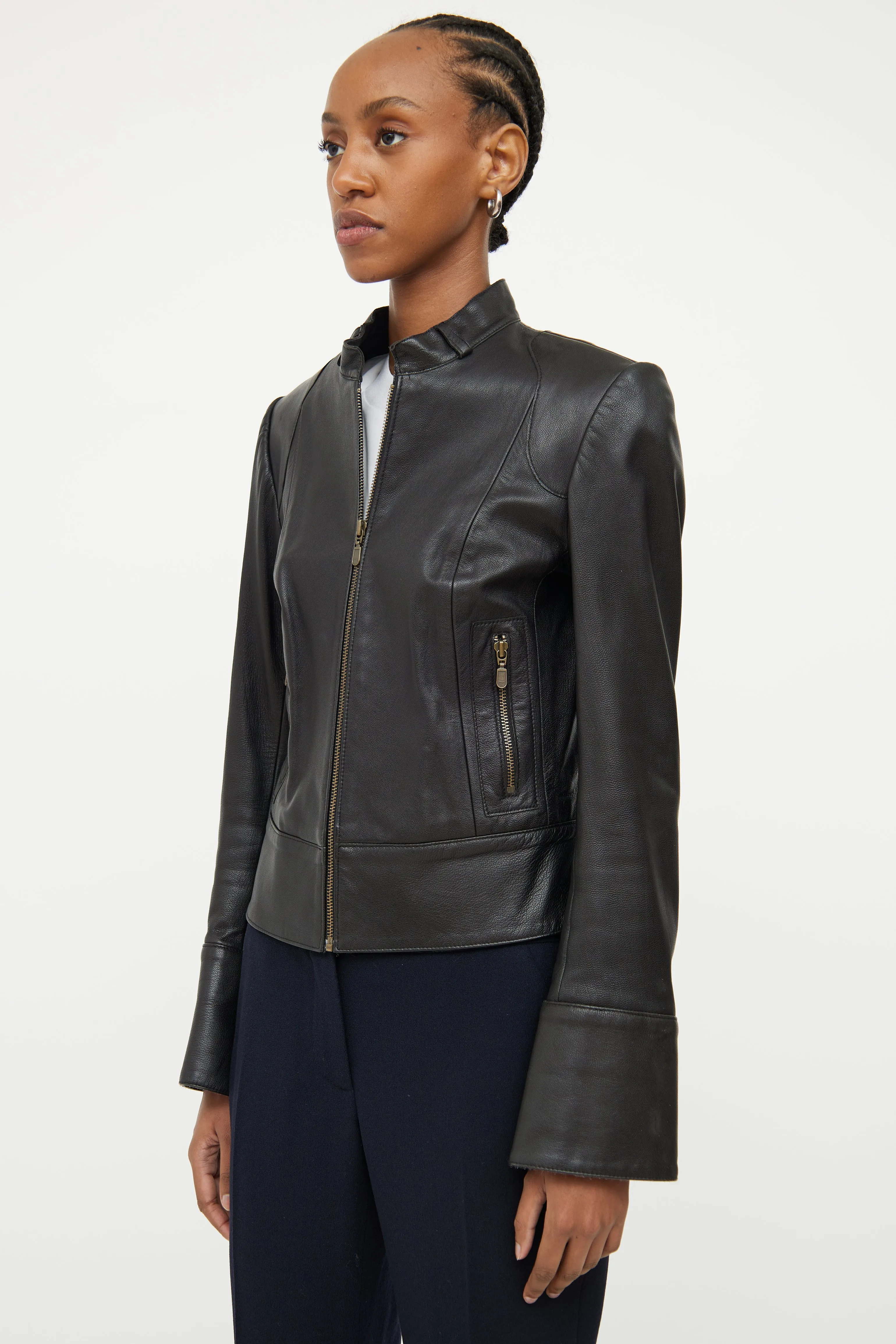 Black Leather Snap Cuff Jacket