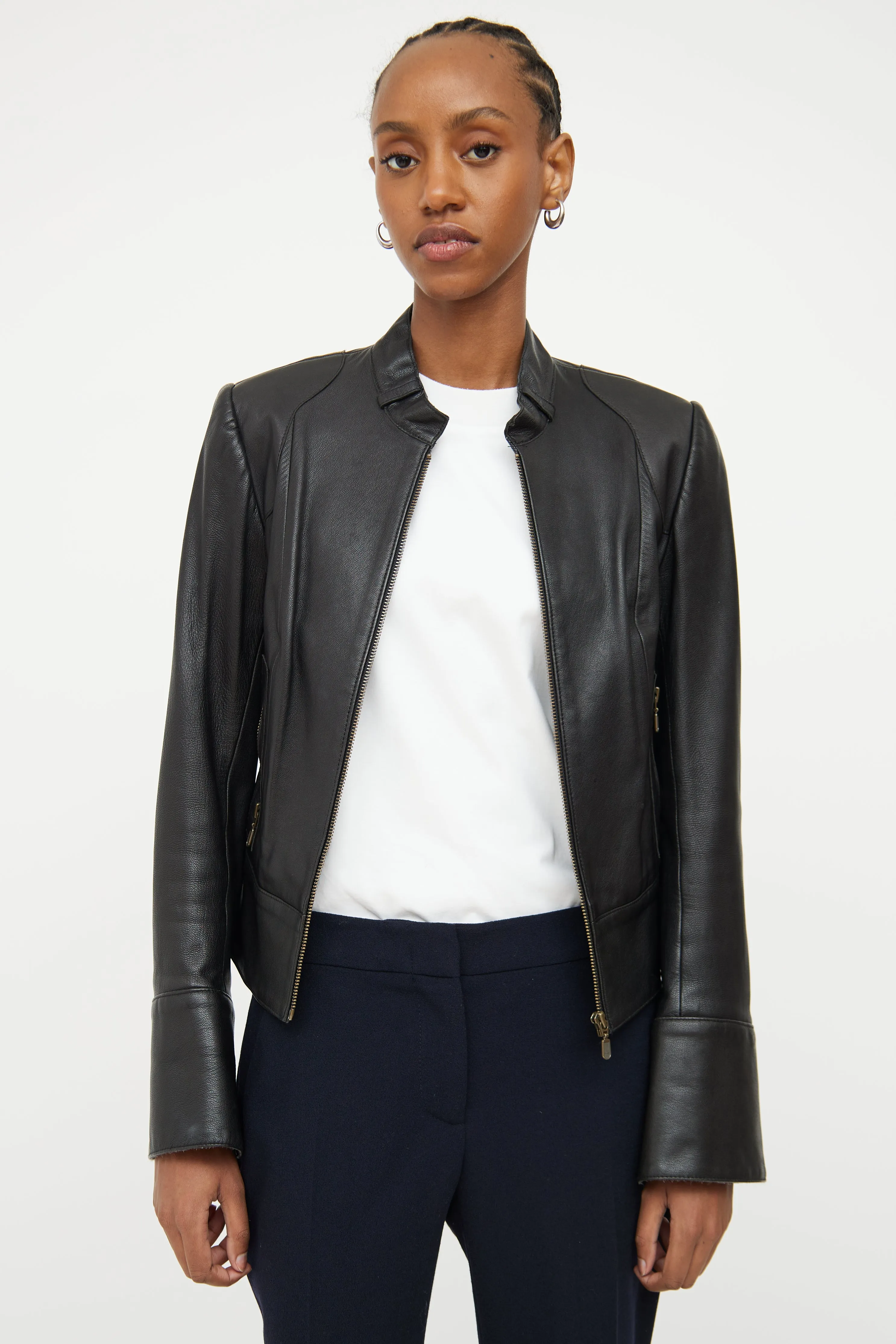 Black Leather Snap Cuff Jacket