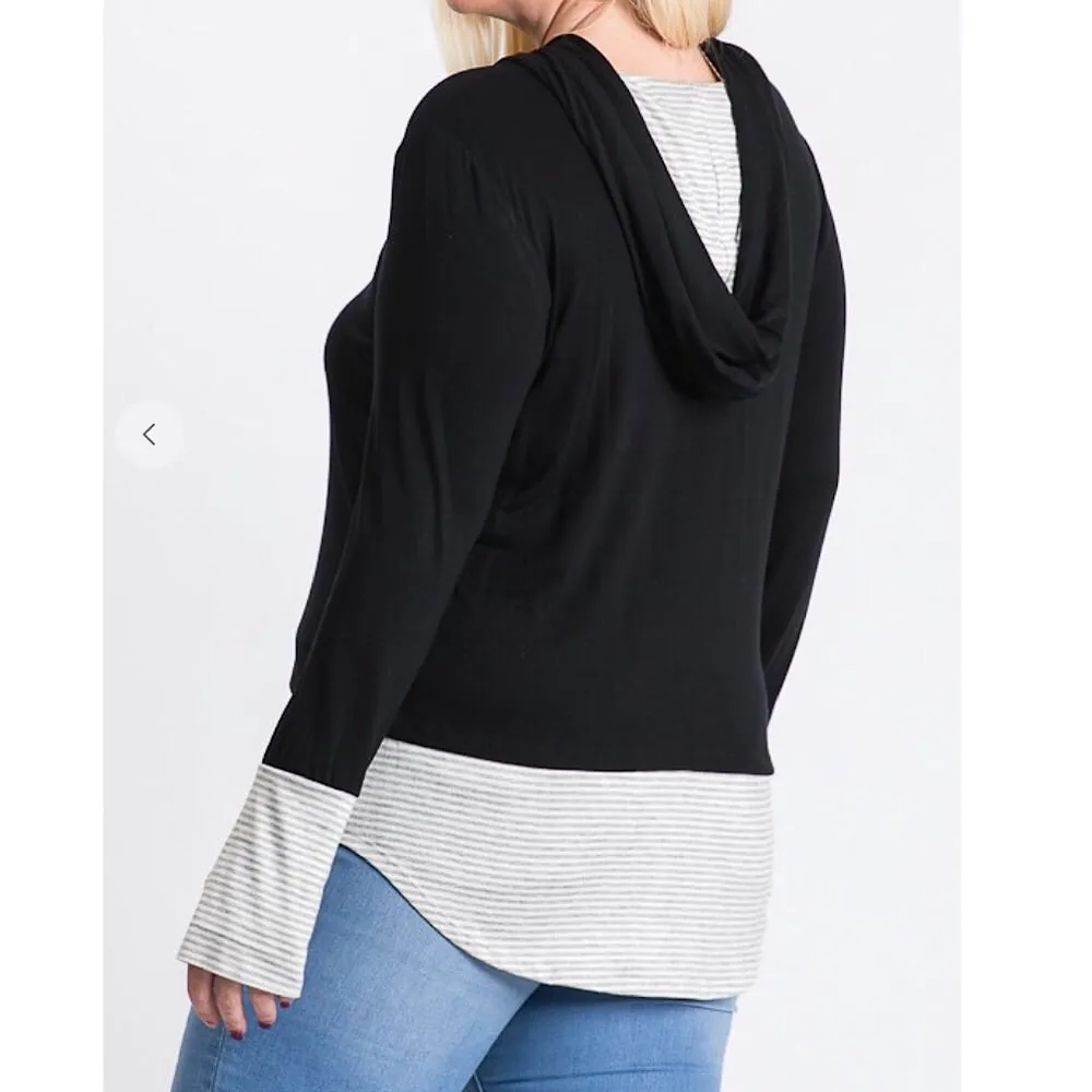 Black Striped Plus Size Hoodie Top