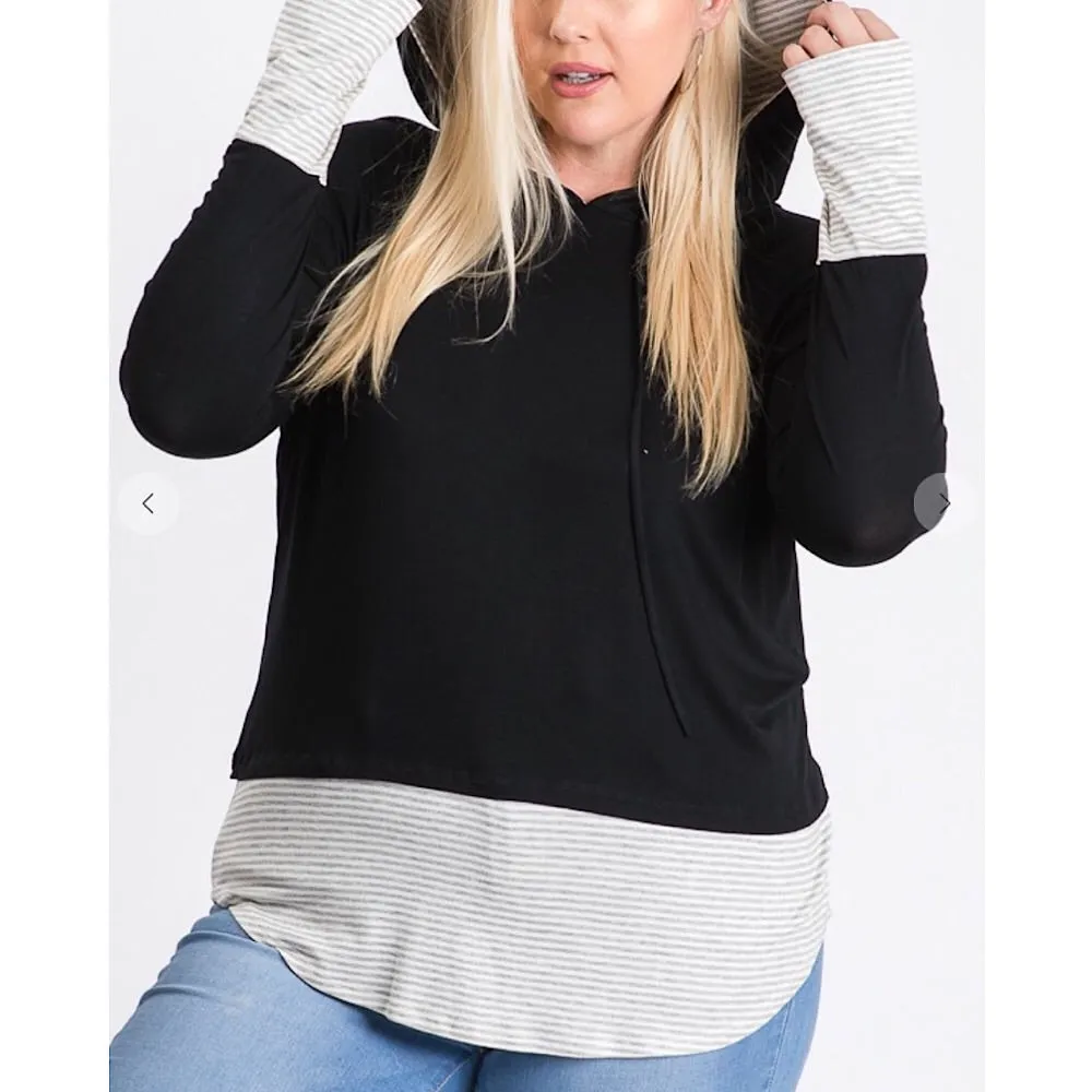 Black Striped Plus Size Hoodie Top
