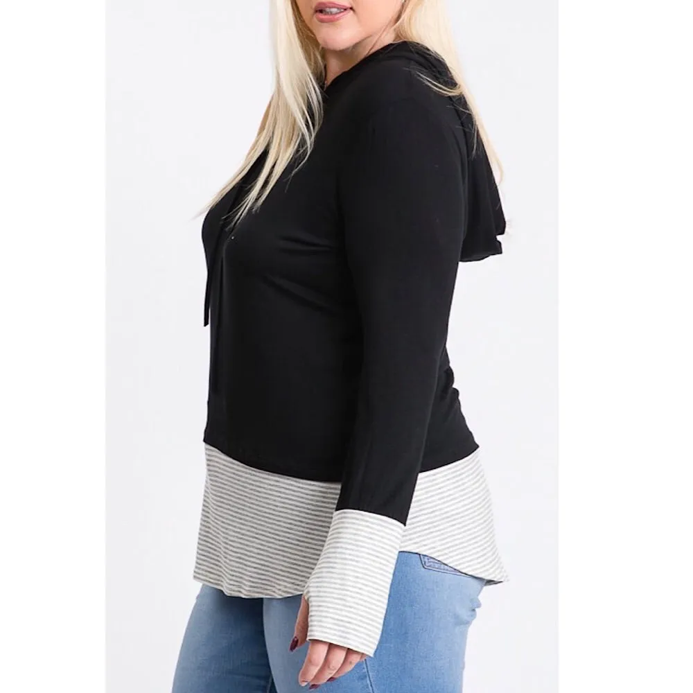 Black Striped Plus Size Hoodie Top
