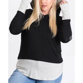 Black Striped Plus Size Hoodie Top