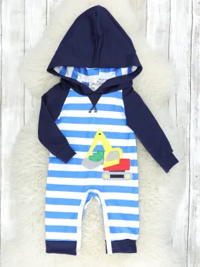 Blue Striped Excavator Hoodie Romper