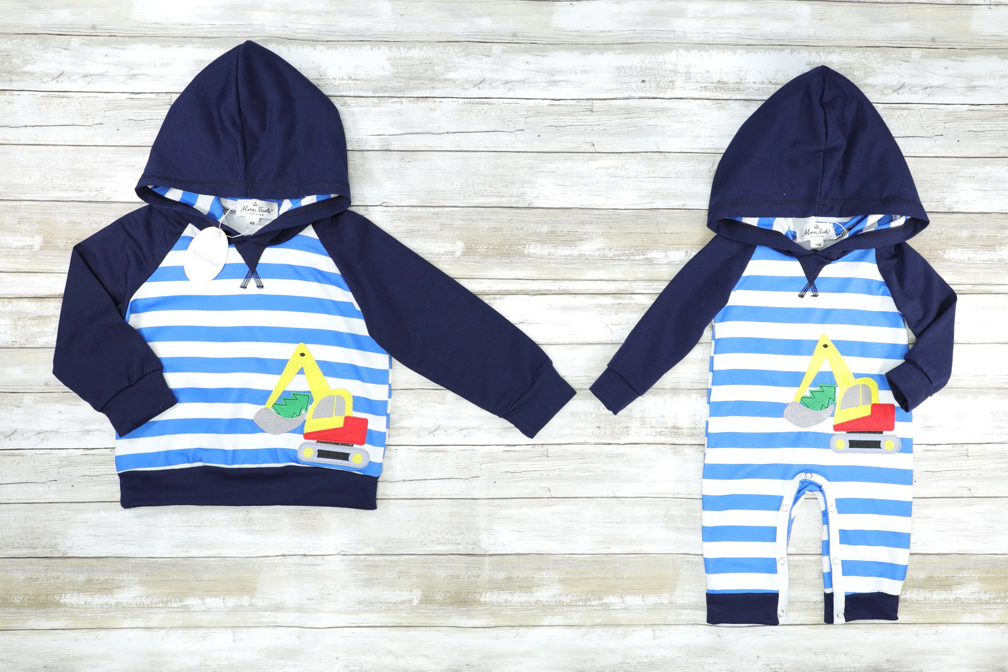 Blue Striped Excavator Hoodie Romper