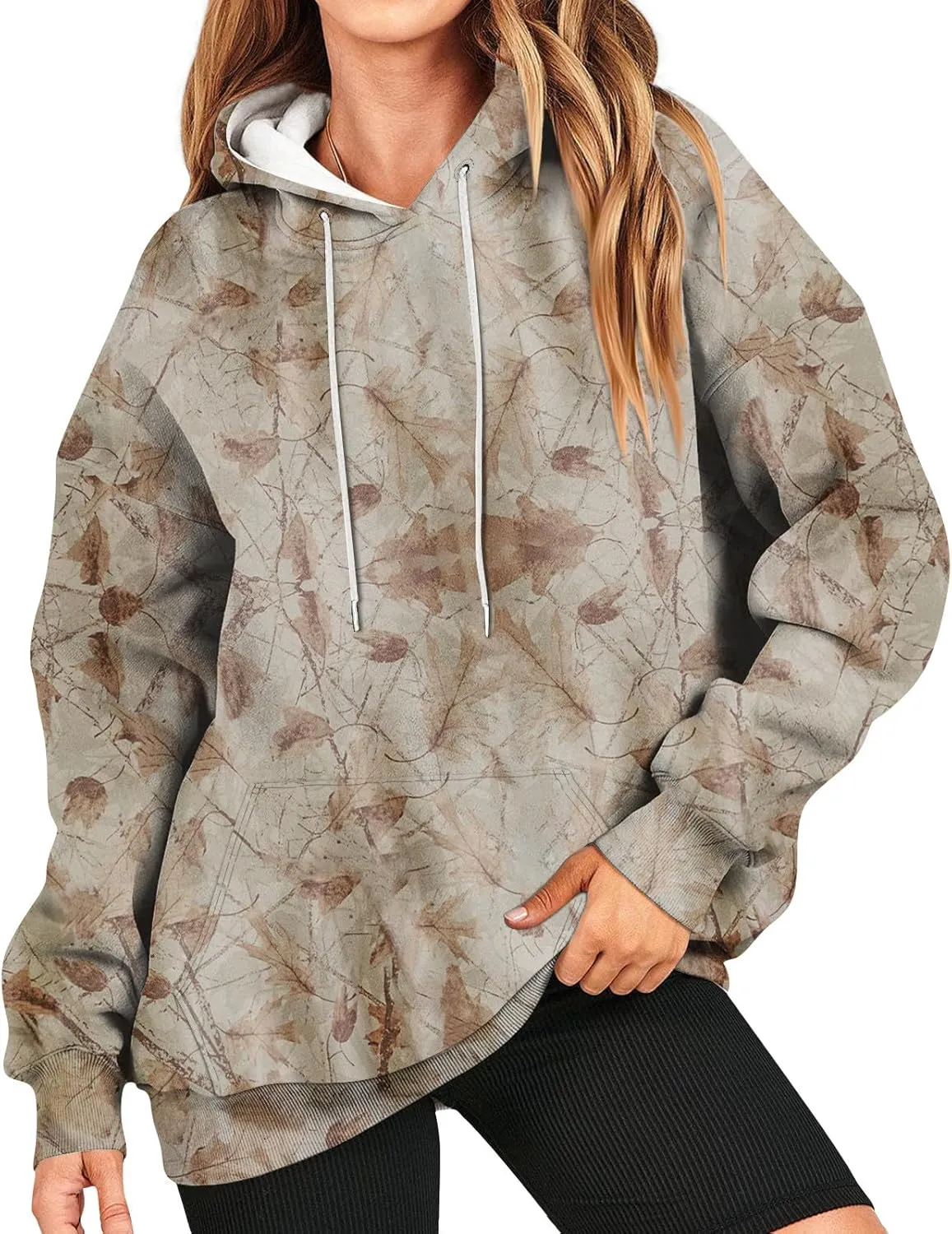 Camo Hoodie Womens Maple Leaf Print Sweatshirts Casual Long Sleeve Camo Sweatshirt with Pockets Y2k Hoodies