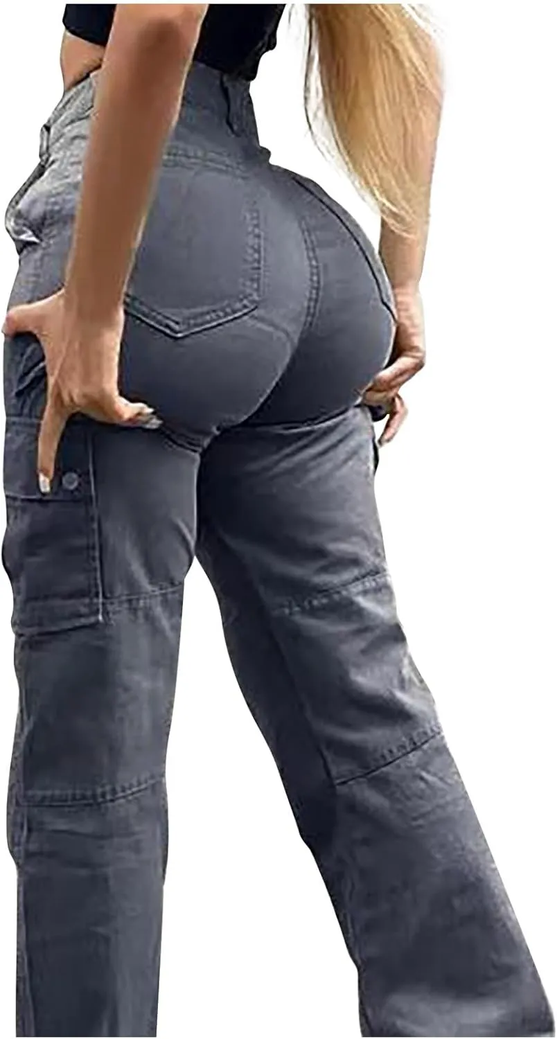 Cargo Pants for Women Funny High Waist Y2k Trousers Trendy Straight Leg Pants with Pockets Slim Fit Solid Sweatpants