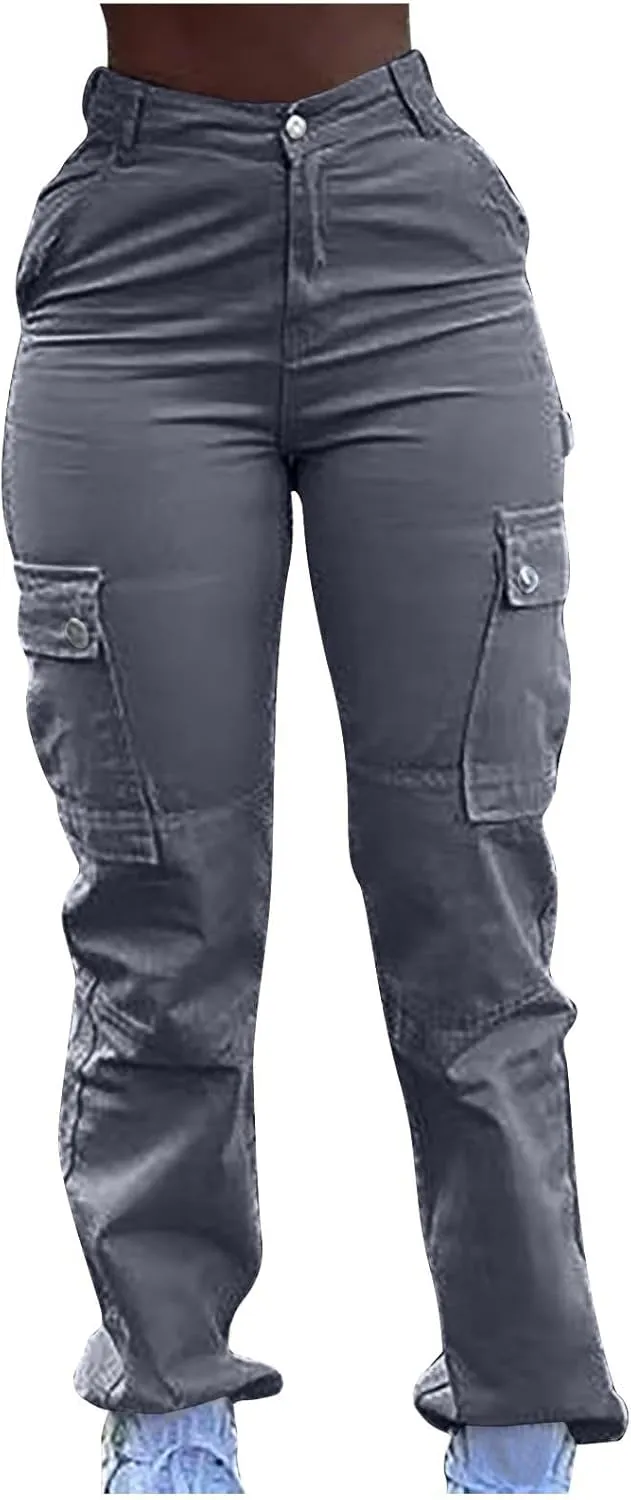 Cargo Pants for Women Funny High Waist Y2k Trousers Trendy Straight Leg Pants with Pockets Slim Fit Solid Sweatpants