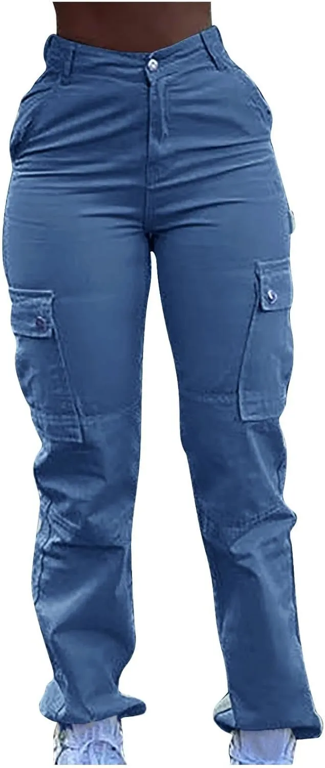 Cargo Pants for Women Funny High Waist Y2k Trousers Trendy Straight Leg Pants with Pockets Slim Fit Solid Sweatpants
