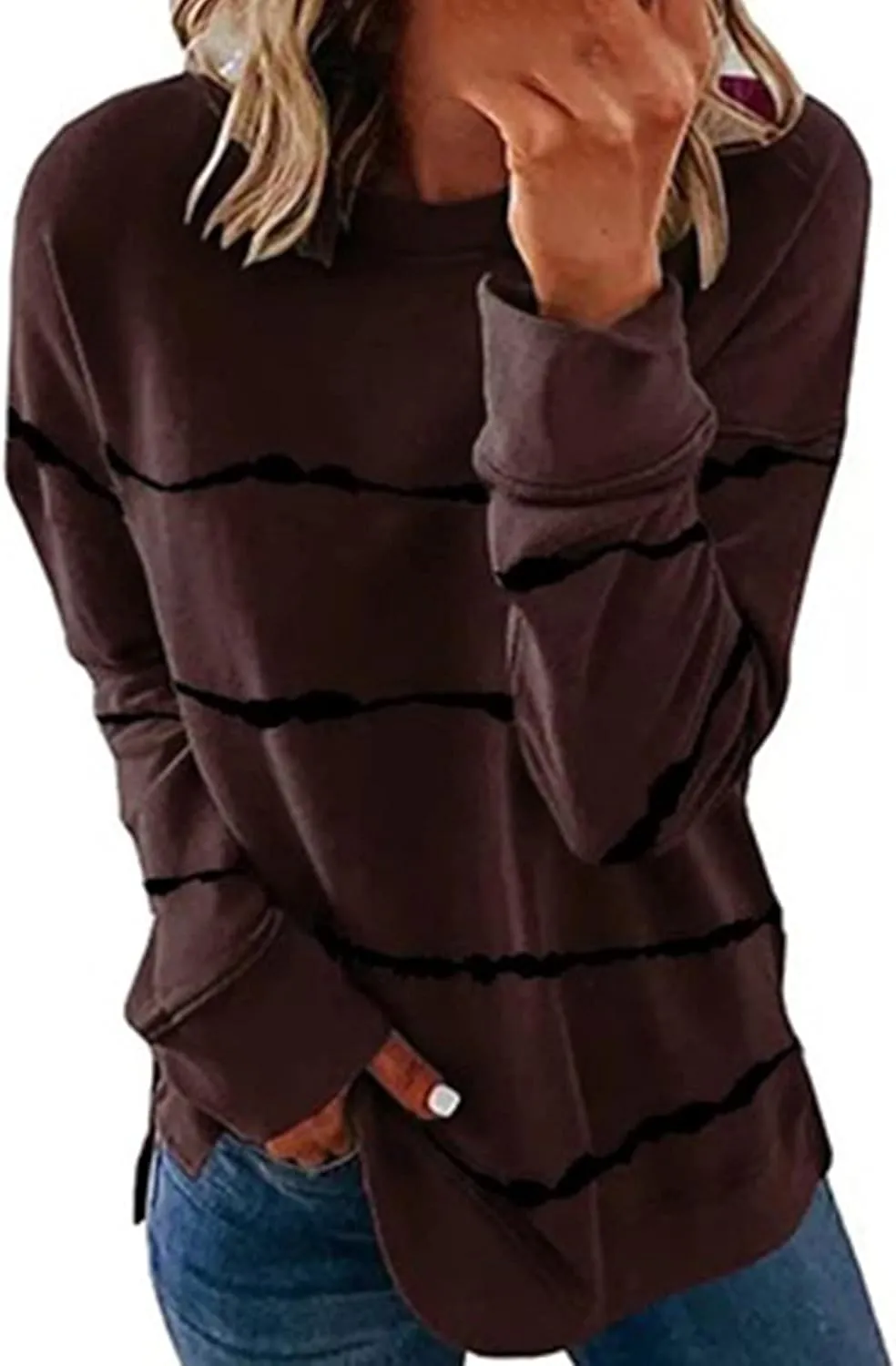 Ceboyel Womens Striped Pullover Sweatshirts Crewneck Tie Dye Shirts Long Sleeve Blouses Tops Loose Fit Fashion Clothes 2023