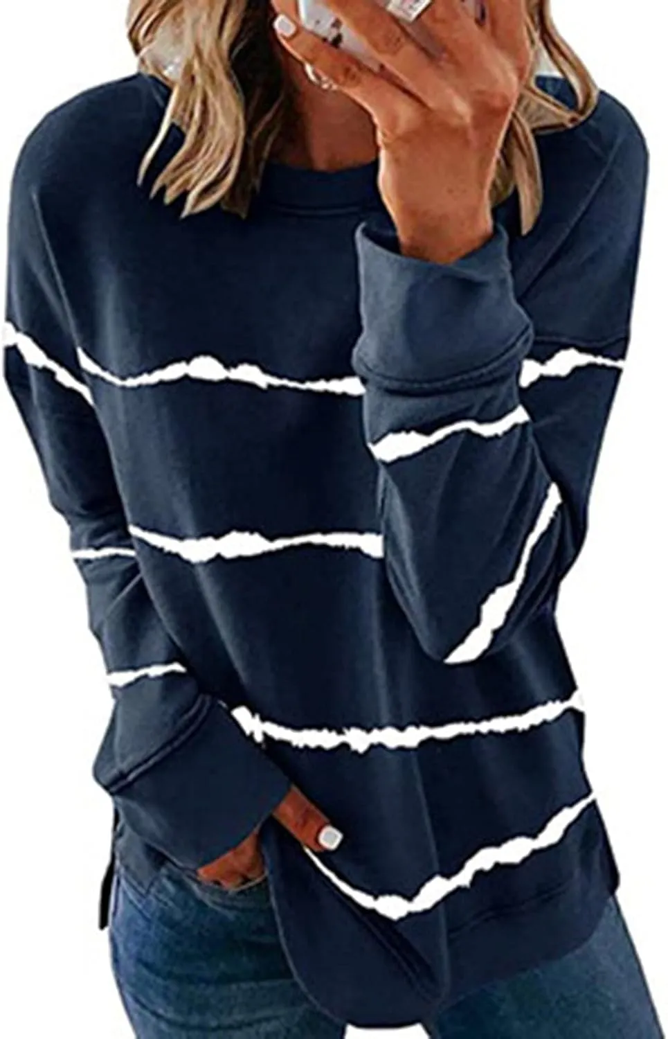 Ceboyel Womens Striped Pullover Sweatshirts Crewneck Tie Dye Shirts Long Sleeve Blouses Tops Loose Fit Fashion Clothes 2023