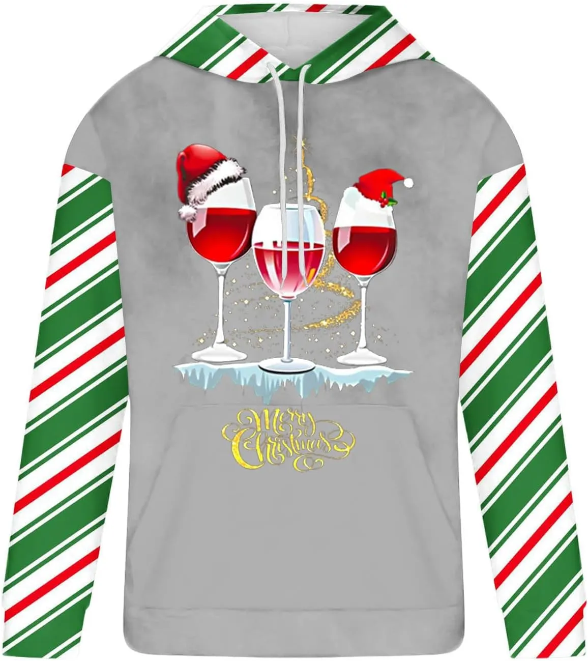 Christmas Wine Glass Hoodie with Candy Cane Striped Ugly Sweater Party Christmas Costume Drawstring Kangaroo Pocket