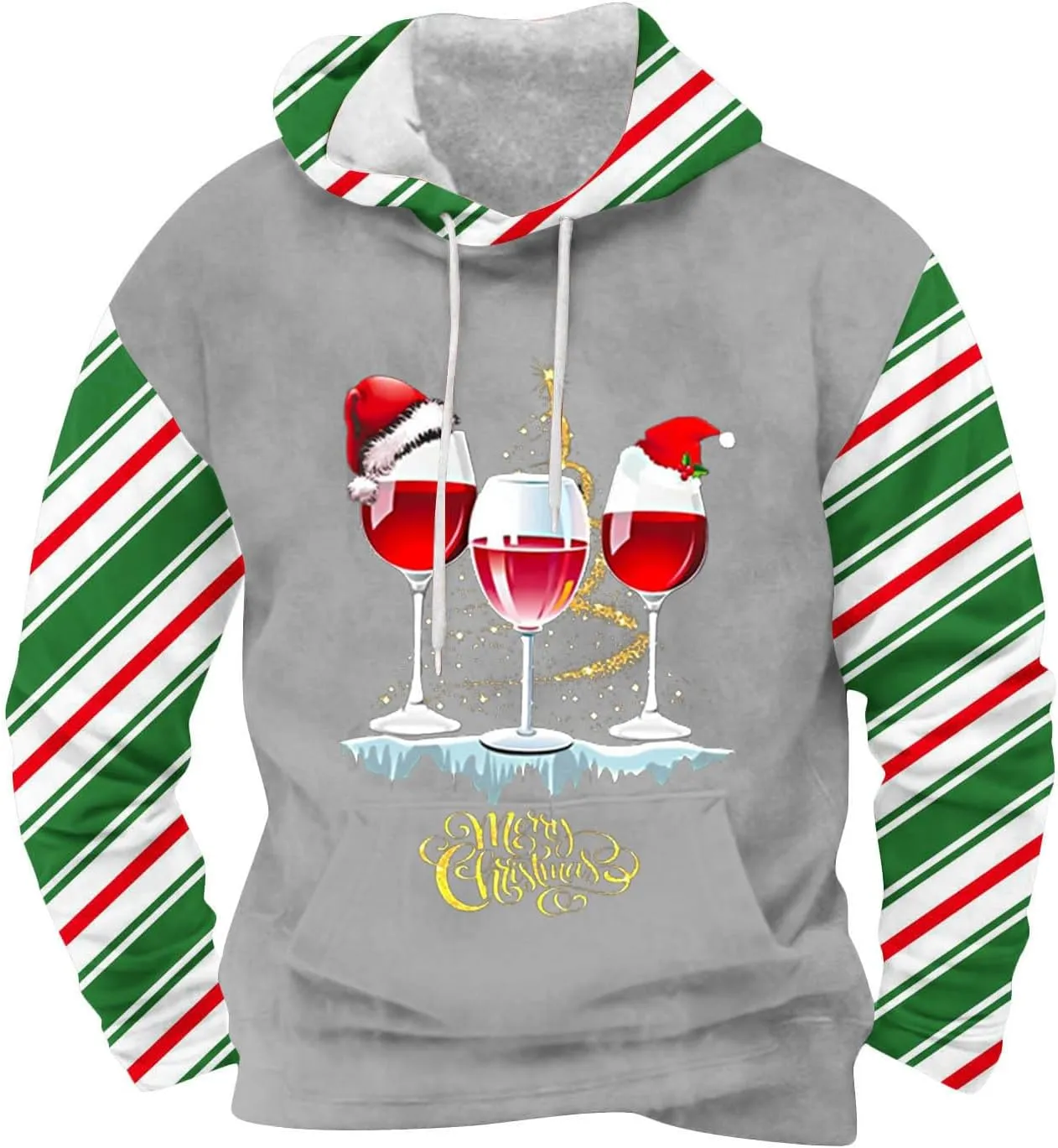 Christmas Wine Glass Hoodie with Candy Cane Striped Ugly Sweater Party Christmas Costume Drawstring Kangaroo Pocket