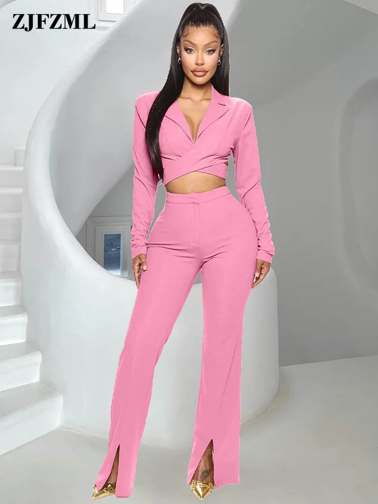 Classic Women Blazer Office Suit Notched Collar Long Sleeve Crop Top and High Waist Split Hem Flare Pants