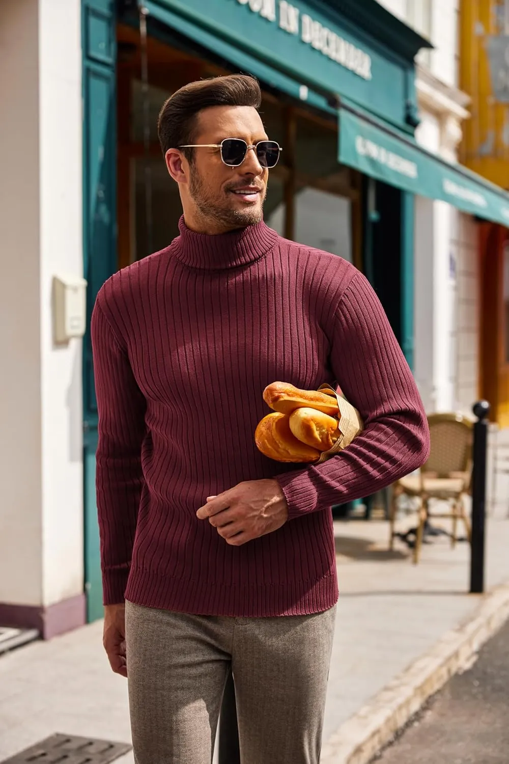 COOFANDY Men's Slim Fit Turtleneck Sweater Casual Pullover Sweater Lightweight Ribbed Sweater