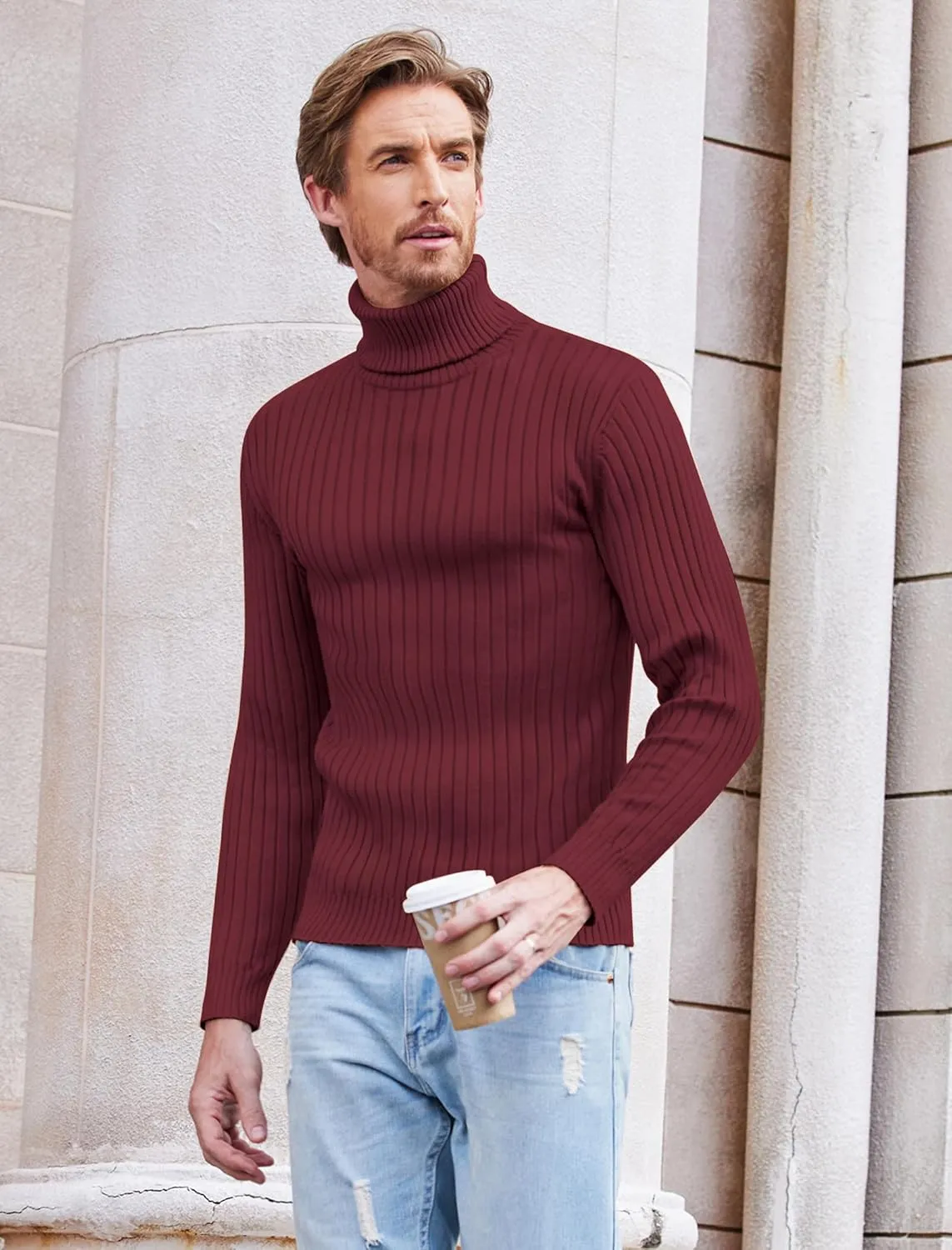 COOFANDY Men's Slim Fit Turtleneck Sweater Casual Pullover Sweater Lightweight Ribbed Sweater