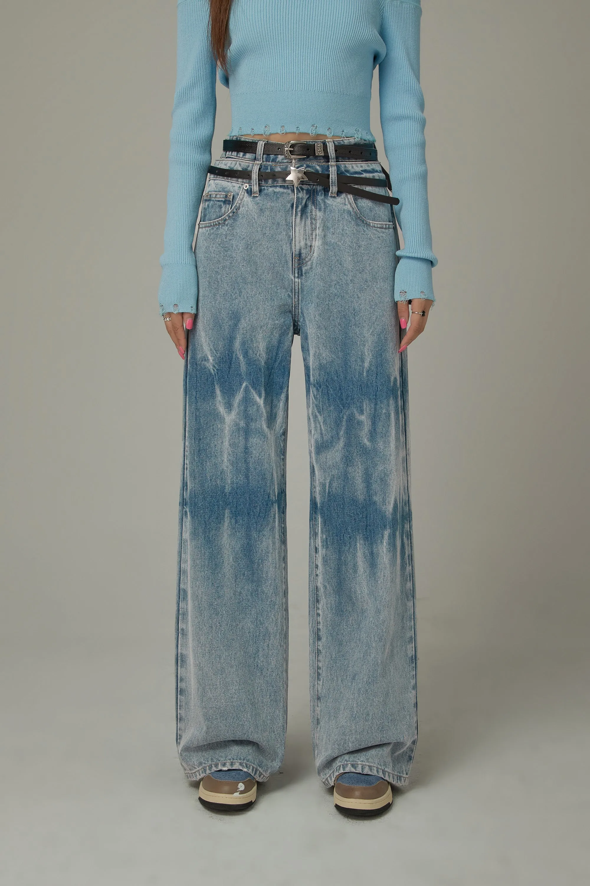 Double Belted Washed Straight Wide Jeans