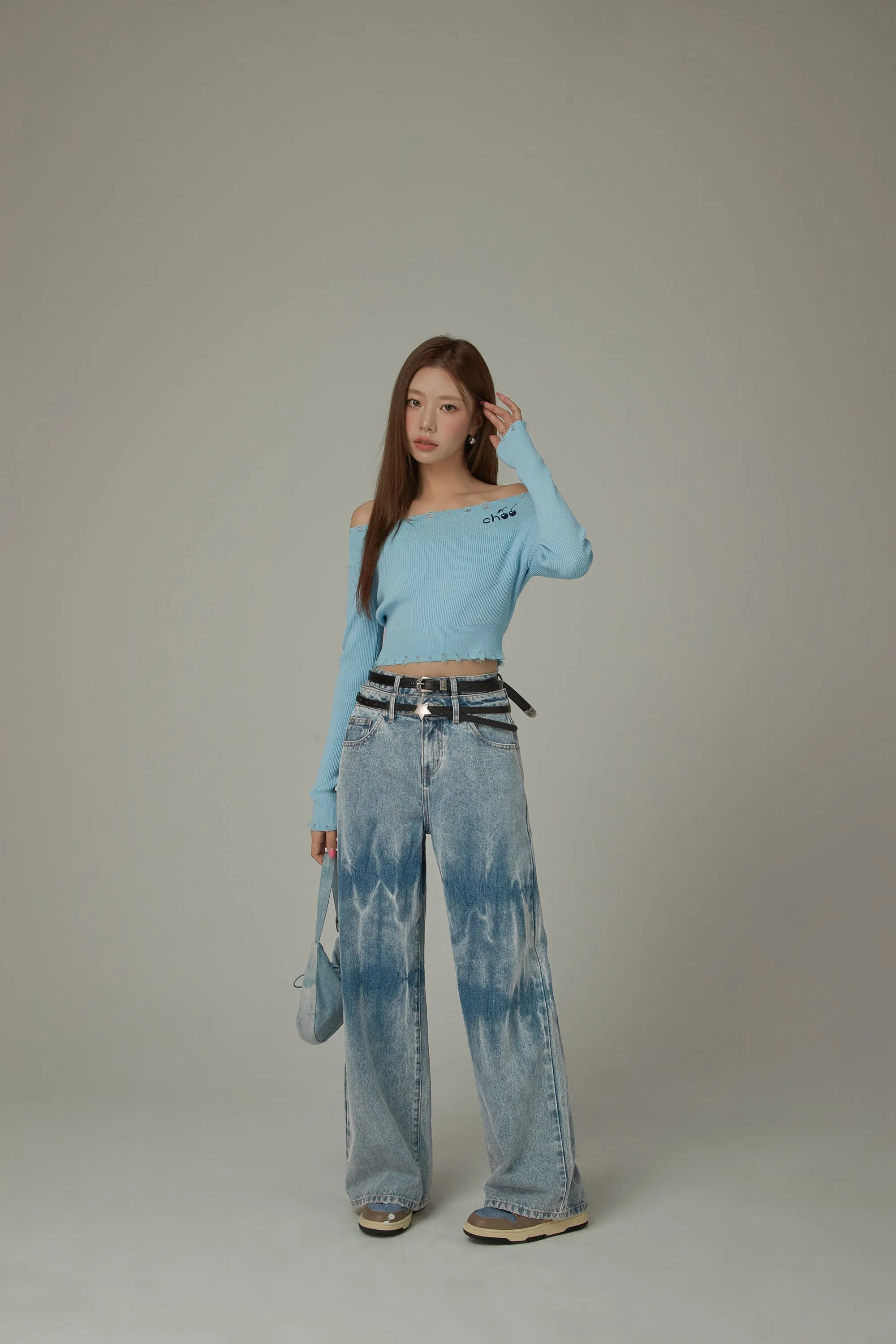 Double Belted Washed Straight Wide Jeans