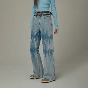 Double Belted Washed Straight Wide Jeans