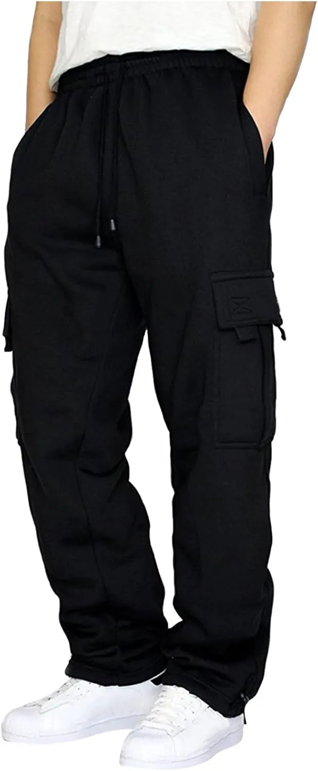 Finelylove Men's Heavyweight Fleece Cargo Sweatpants Open Bottom Loose Fit Sweat Pants Workout Cargo Pants Joggers