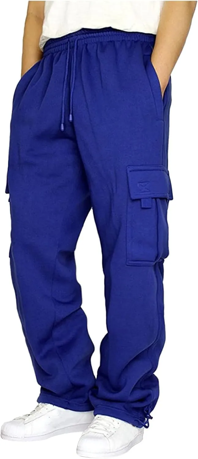 Finelylove Men's Heavyweight Fleece Cargo Sweatpants Open Bottom Loose Fit Sweat Pants Workout Cargo Pants Joggers