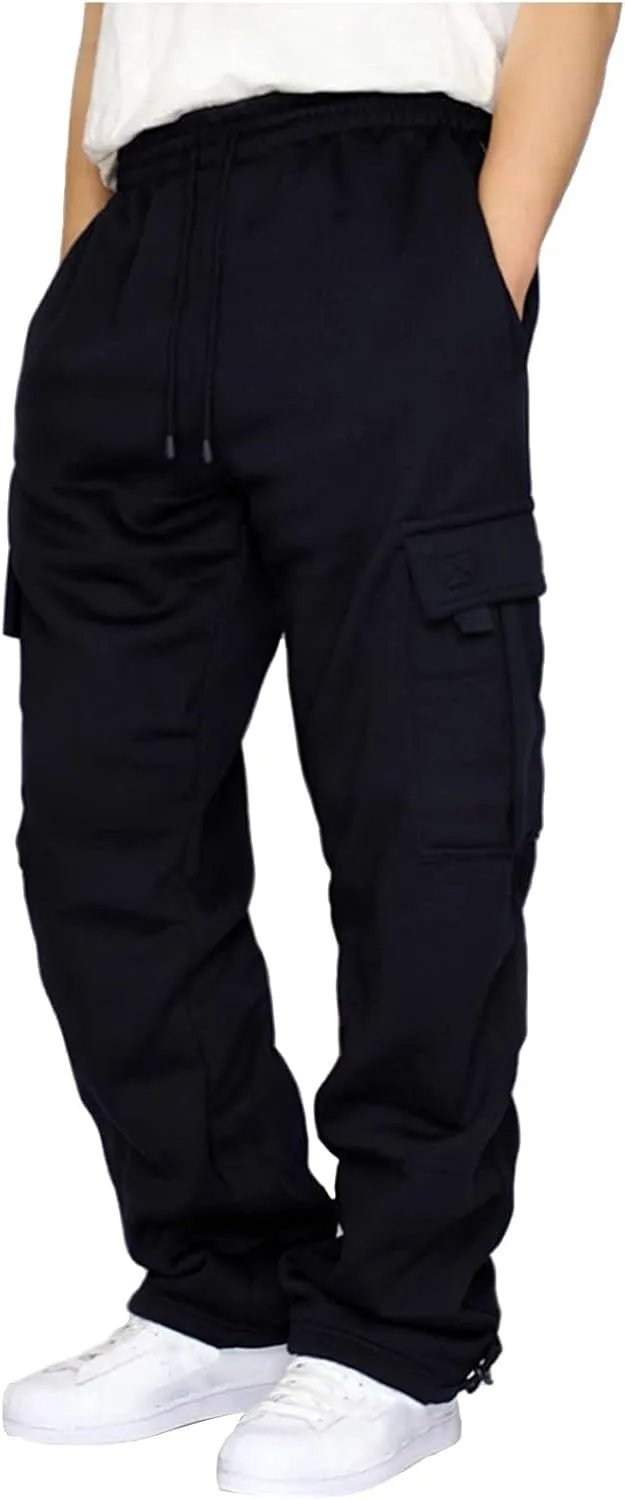 Finelylove Men's Heavyweight Fleece Cargo Sweatpants Open Bottom Loose Fit Sweat Pants Workout Cargo Pants Joggers