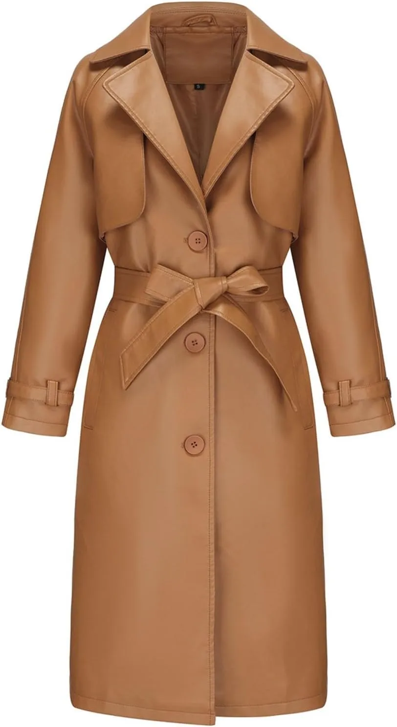 HGps8w Women's Long Faux Leather Coat with Belt, Classic Notched Lapel Casual PU Moto Bike Jacket Outwear with Pockets