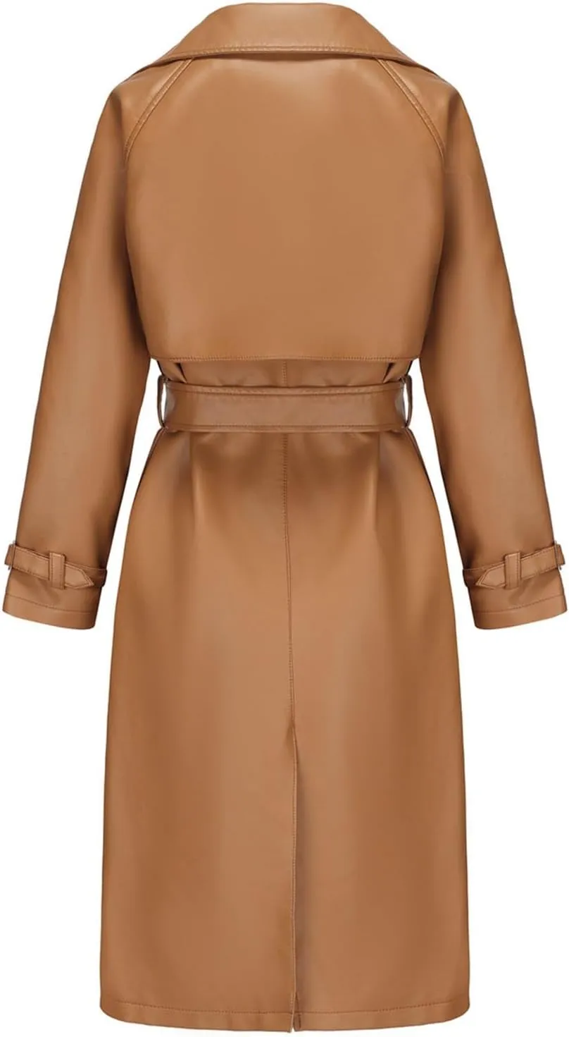 HGps8w Women's Long Faux Leather Coat with Belt, Classic Notched Lapel Casual PU Moto Bike Jacket Outwear with Pockets
