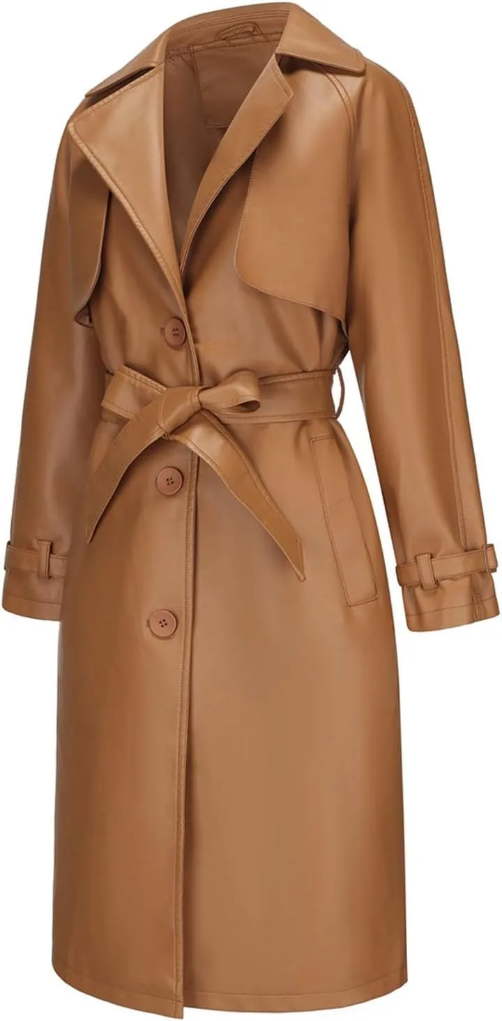 HGps8w Women's Long Faux Leather Coat with Belt, Classic Notched Lapel Casual PU Moto Bike Jacket Outwear with Pockets