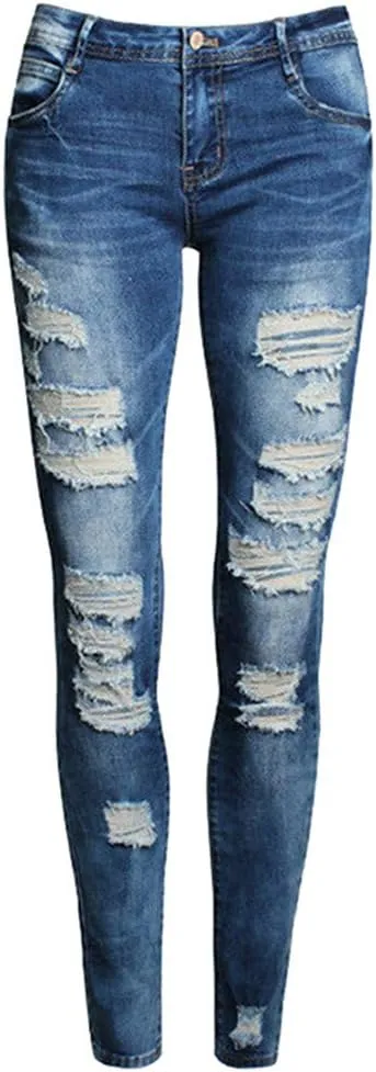 JOFOW Womens Skinny Jeans Ripped Washed Distressed Long Pants