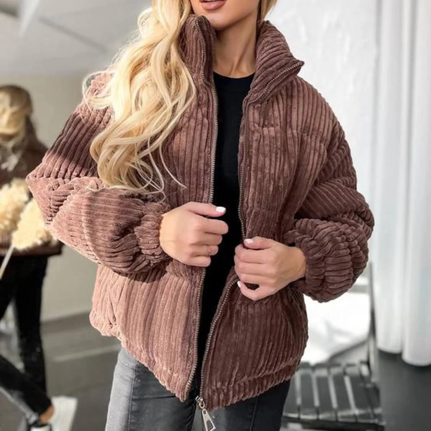 Kissonic Women's Winter Puffer Down Corduroy Jacket Lightweight Padded Jacket