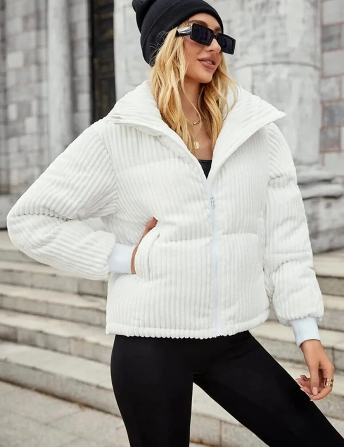 Kissonic Women's Winter Puffer Down Corduroy Jacket Lightweight Padded Jacket