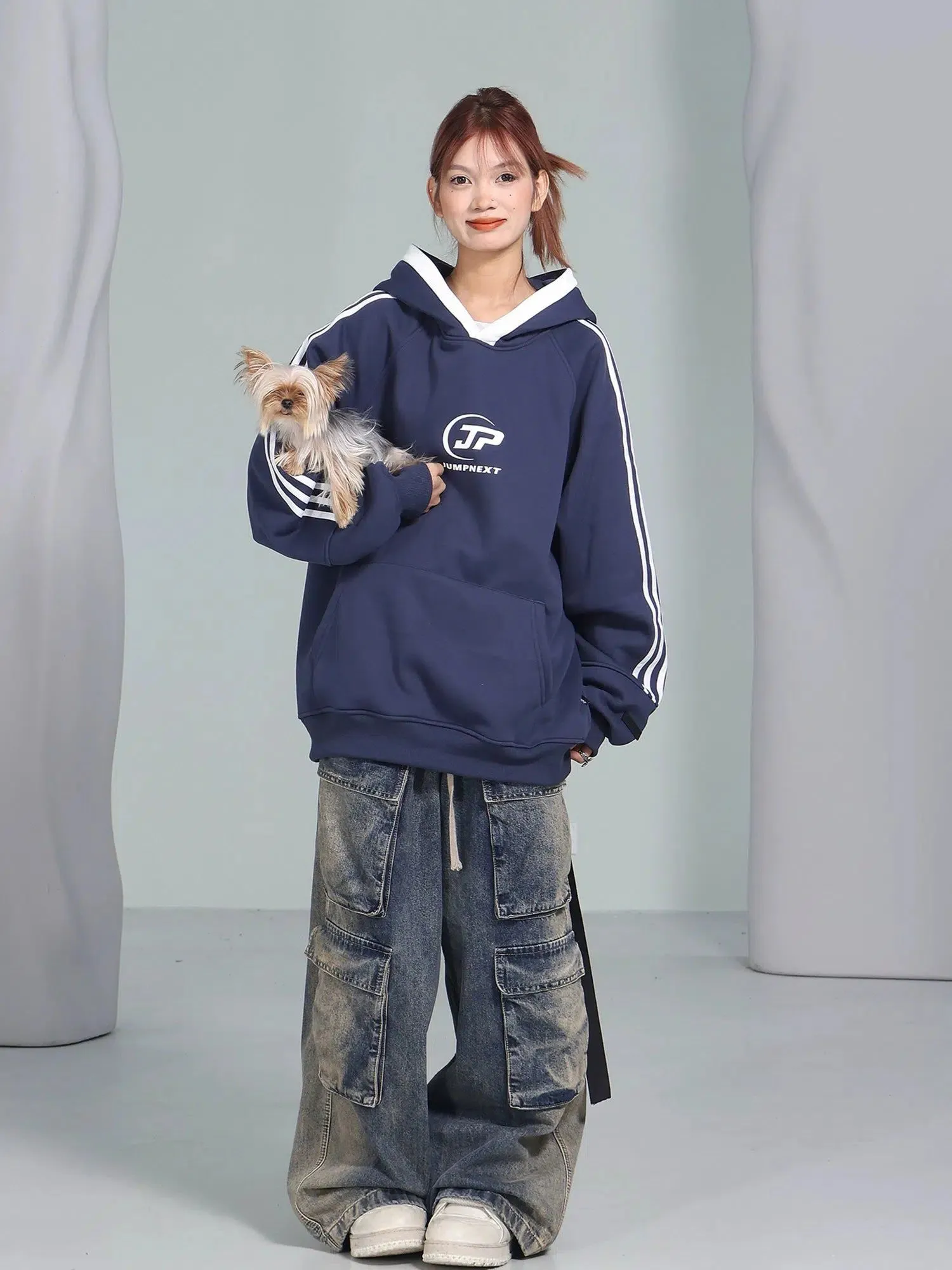 Loose Fit Hoodie With Striped Sleeves