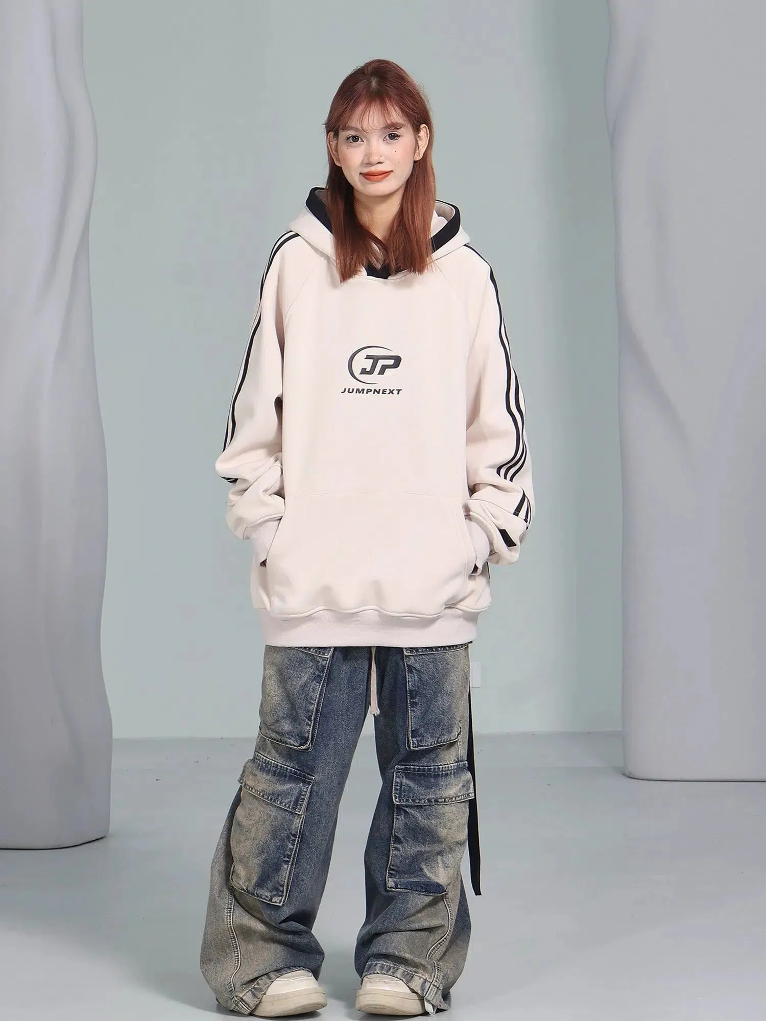 Loose Fit Hoodie With Striped Sleeves